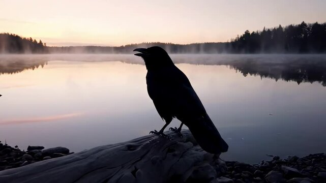 crow squawk - A solitary crow perched on a log by a tranquil lake at dawn, surrounded by misty trees and soft morning light