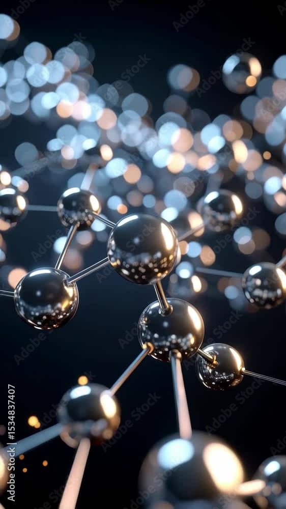 Aufkleber shiny metal molecule model structure with connected atoms and abstract bokeh background, science sym