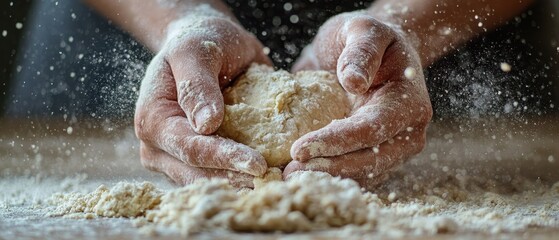 Close-Up Macro Shot of Hands Kneading Dough in Flour with Texture