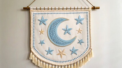 Handcrafted wall hanging with embroidered blue moon and stars in boho style
