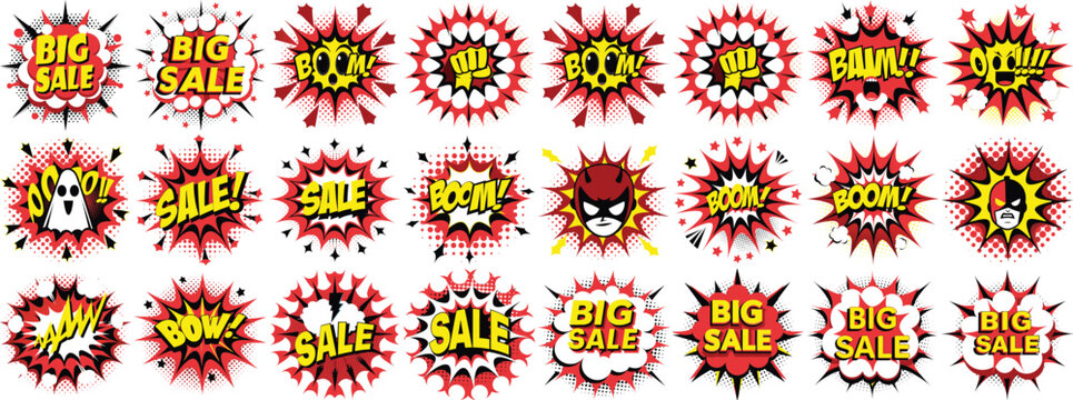 Red Comic Book Style Explosion Speech Bubbles with Action Words and Cartoon Characters