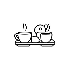 Obraz premium Line Art Steaming Coffee Cups, Donut, and Pastry on a Serving Tray
