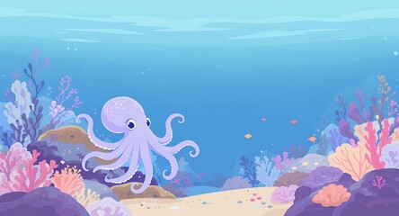 Obraz premium Pixelated Octopus Amidst Colorful Coral in a Retro 8 Bit Underwater Ocean Scene With Sandy Seabed Digital Plants and Light Blue Water Evoking Nostalgia