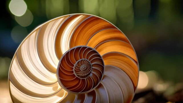 Detailed closeup of a sliced nautilus shell showcasing its internal structure and golden ratio pattern in natural light and blurred background.
