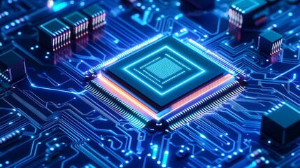 Futuristic Microchip on Abstract Circuit Board with Neon Lights
