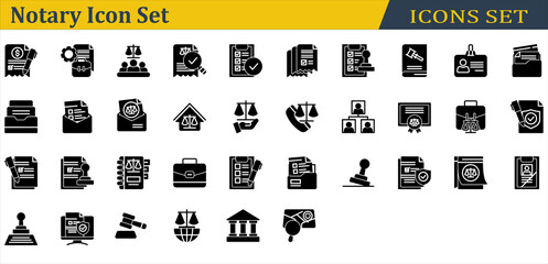 Notary Icon Set. Containing Administrative,Agreement,Court,Dwelling,Family Law,Gavel,Investigation,Justice,Notary,Rubber Stamp,Signature,Stamp,Subpoena. Solid  Style