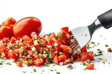 Tomatoes Being Chopped for a Salsa Isolated on White Background, Depth of Field