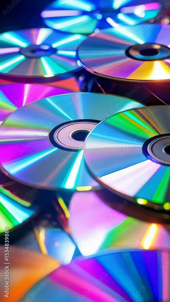Poster stack of compact discs creating iridescent colorful reflections and shimmering surface, modern media