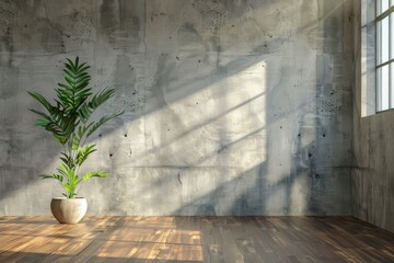 A Modern Loft Industrial Room Features a Houseplant a Parquet Floor and a Cement Loft Wall
