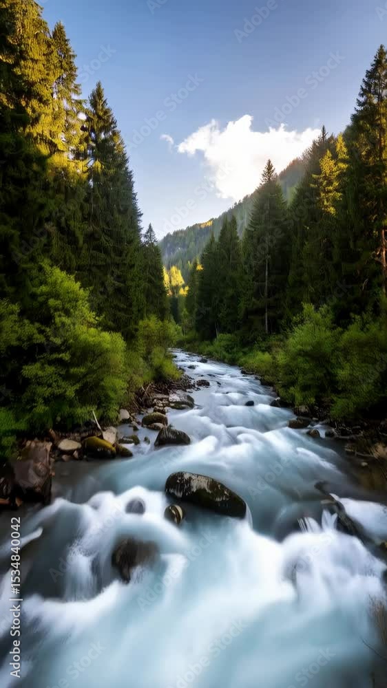 Poster tranquil river flows through lush forest, creating a serene scene with trees, rocks and moving water