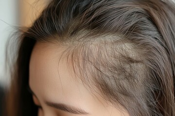 Worried young Asian woman showing hair loss after brushing, concerned about thinning hair., Generative AI