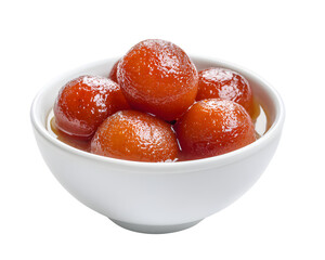 Traditional Indian gulab jamun sweet dessert in sugar syrup served in a white bowl isolated on transparent background