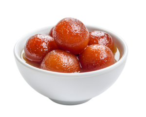 Traditional Indian gulab jamun sweet dessert in sugar syrup served in a white bowl isolated on transparent background