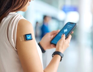 Woman using a mobile phone and a vaccination patch