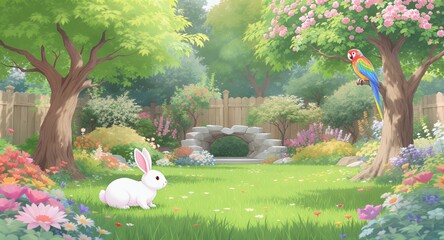 Lush Pixel Art Garden Featuring White Rabbit Parrot and Blooming Flowers with Sunlight Filtering Through Green Trees on a Sunny Day Verdant Lawn and Wooden Fence Background