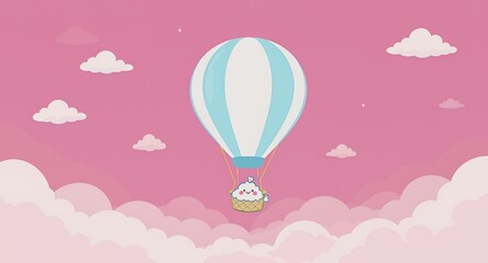 Pixel Art Hot Air Balloon Floating in Pink Sky with Soft Clouds Light Blue and White Striped Balloon Carrying a Basket with White Creature Aviation Art