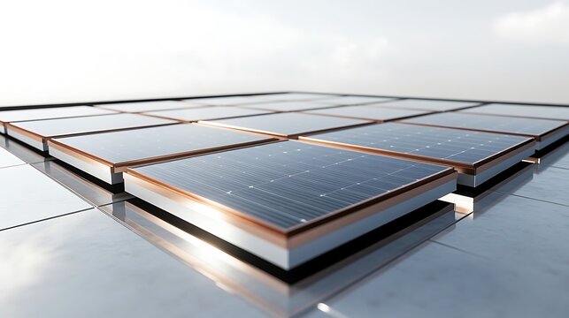 Array of solar panels on a reflective surface
