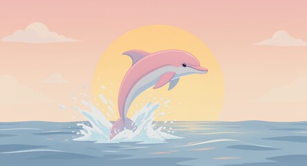 Pixel Art Pink Dolphin Leaping from Ocean at Pastel Sunset Retro Pixelated Design