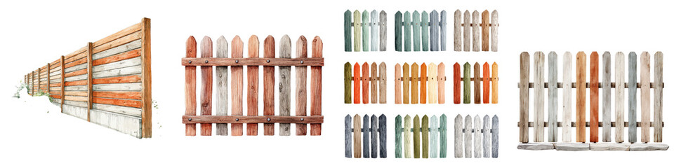 Wooden fences and barriers in various designs and colors  long title A collection of different wooden fences barriers and partitions in a variety of