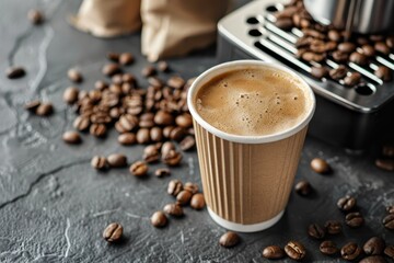 High Resolution of Paper Cup of Fresh Hot Coffee From a Coffee Machine