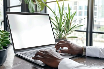 Mockup Image of a Man Using and Touching on Laptop Touchpad with Blank White Desktop Screen