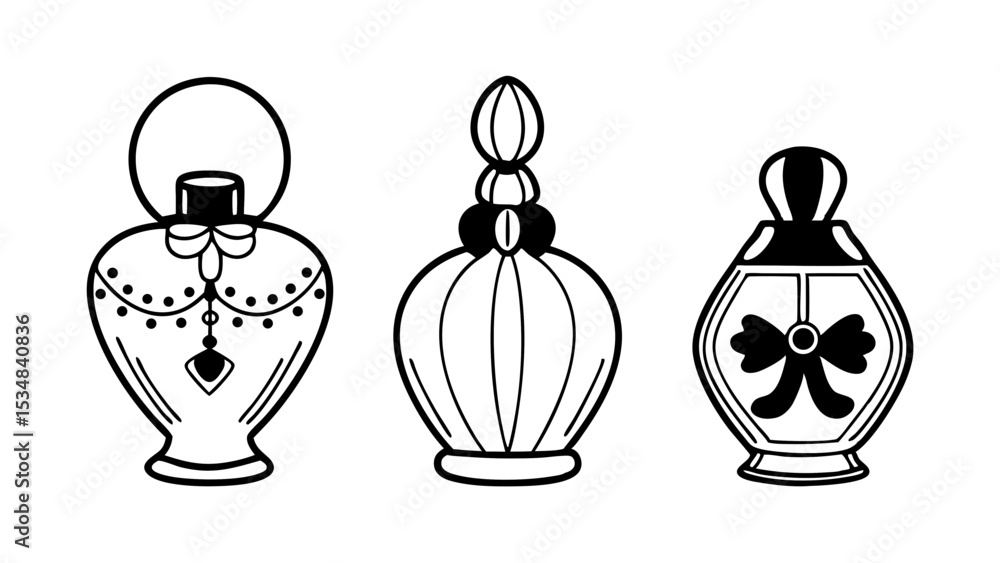Poster three perfume bottles in a row with different shapes and decorations in black and white outline styl
