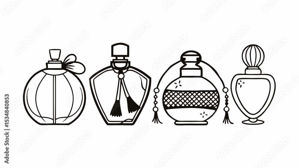 Poster illustration of four different perfume bottles with unique shapes and decorations in black and white