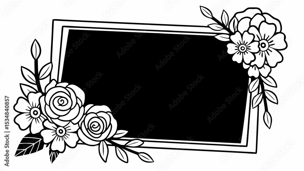 Poster black rectangle frame decorated with floral elements in the corners on a white background design cre