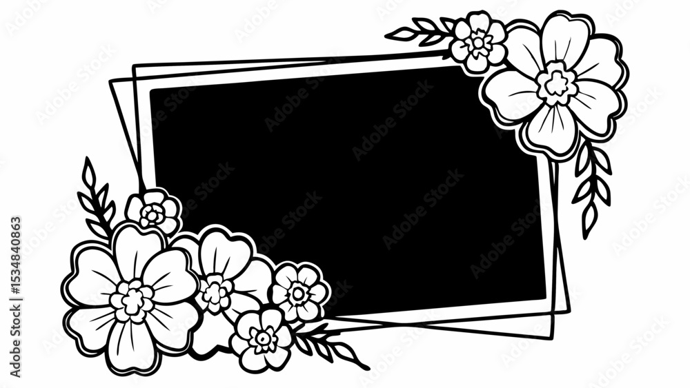 Poster floral frame design with black rectangle and flower decorations on the corners of the frame shape cr
