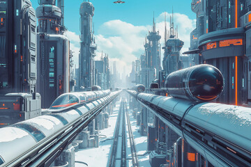 Futuristic pods and levitating trains glide through a sleek blue megacity in visionary transport design.