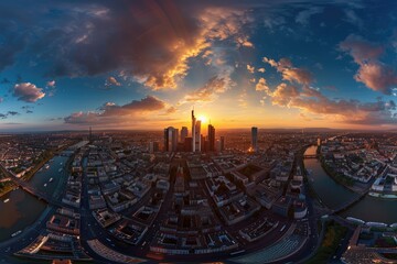 Detailed Color Image of Panorama of Frankfurt Am Main, Germany at Sunset