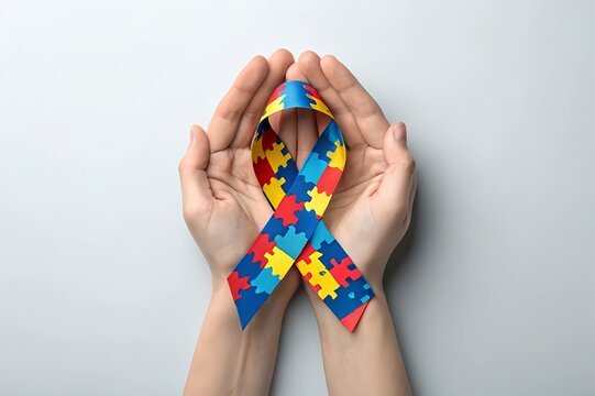Hands holding autism awareness puzzle ribbon