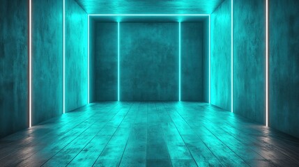 Neon turquoise room with concrete walls and wooden floor.