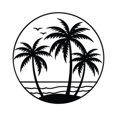 Tropical sunset with palm silhouettes Line Art Vector illustration