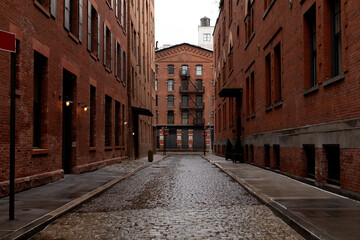 Wet cobblestone street in Tribeca New York City