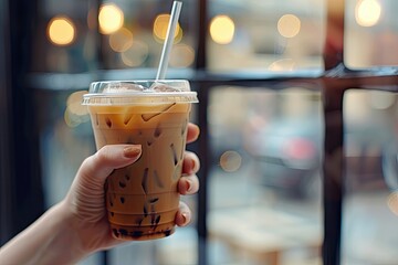Ultra Hd Picture of Person Holding a Plastic Cup of Iced Coffee in Front of a Window