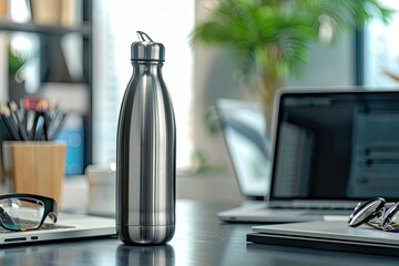 Clear Pixel Picture of Steel Eco Thermo Bottle on Office Desk with Laptop and Glasses