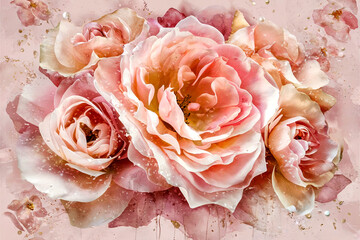 Pink Blossom Roses Watercolor Mural Art Print