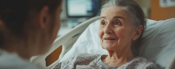 Nurse caring for a senior patient and offering encouragement during cancer treatment in a hospital room., Generative AI