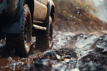 Pixel Perfect Image of CloseUp of OffRoad Vehicle Driving Through Muddy Trail