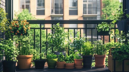 Fototapeta premium Lush Green Balcony Garden with Vibrant Flowers and Variety of Potted Plants in Urban Setting