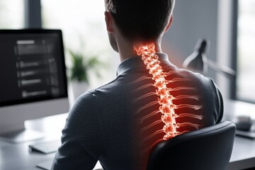 Office workers experiencing neck pain due to poor posture while sitting at work., Generative AI