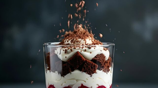 Black Forest dessert, chocolate shavings falling in glass. Decadent treat with cherries, whipped cream, brownie cubes. Ideal for food blogs, recipe demos, dessert ads, bakery promotions.