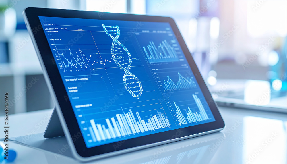 Poster digital insights: a close-up shot captures the intricate workings of modern science, with a tablet d