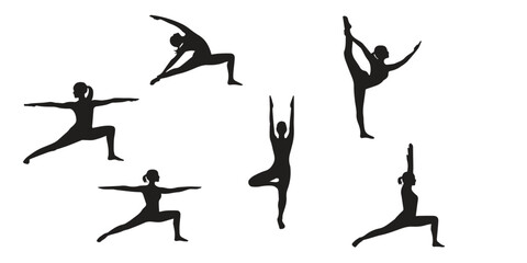 
Collection of yoga poses. yoga pose girl silhouette set vector illustration and yoga exercise icon
