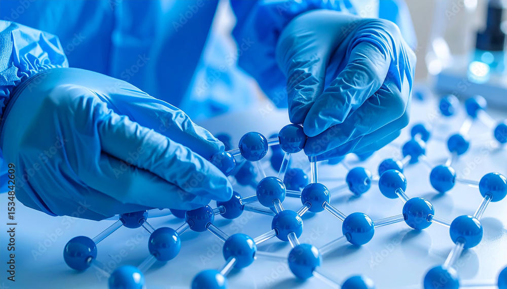Poster exploring molecular structures: a close-up shot showcasing the precise work of a scientist meticulou