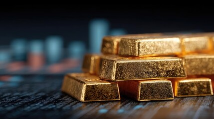 Gold bar wealth in trading and crisis analysis concept. Stacked gold bars representing wealth and investment potential.
