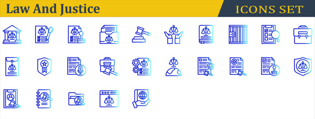 Law And Justice Icon Set. Containing Corporate Laws,Courthouse,Health Law,International Law,Investigation,Jail,Justice,Law Book,Legal,Legitimacy,Stamp,Transcription. Outline Gradient Style