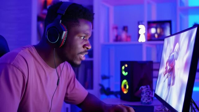 Enthusiastic gamer immersed in competitive online gaming session with neon lighting