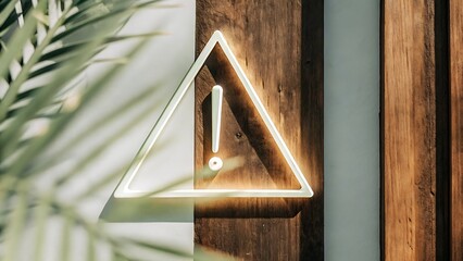 Illuminated warning sign on wooden surface with foliage aesthetically emphasizing a cautionary message